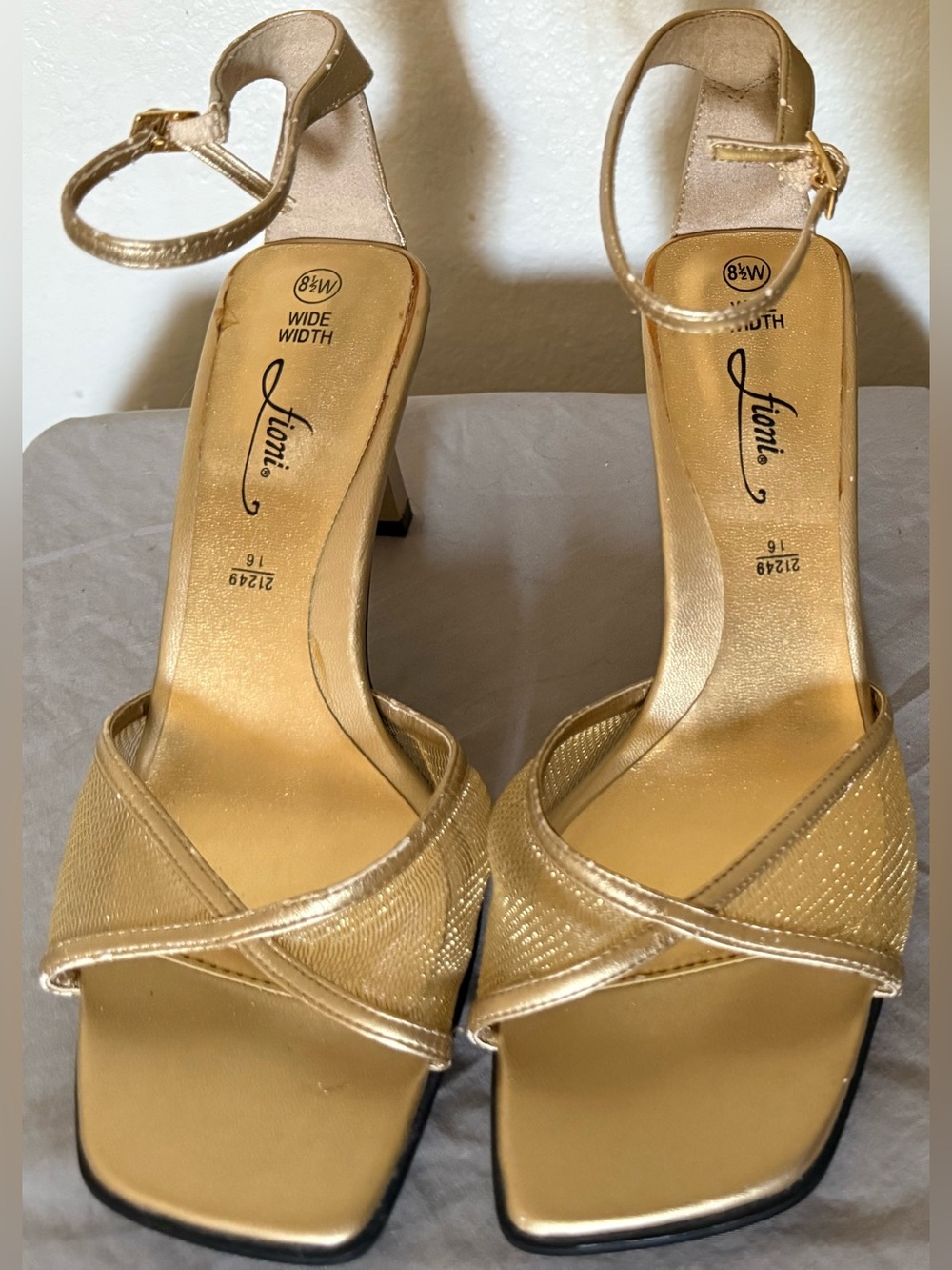 FIONI Clothing Shimmery Gold Ankle-Strap Mid-Heel Sandals